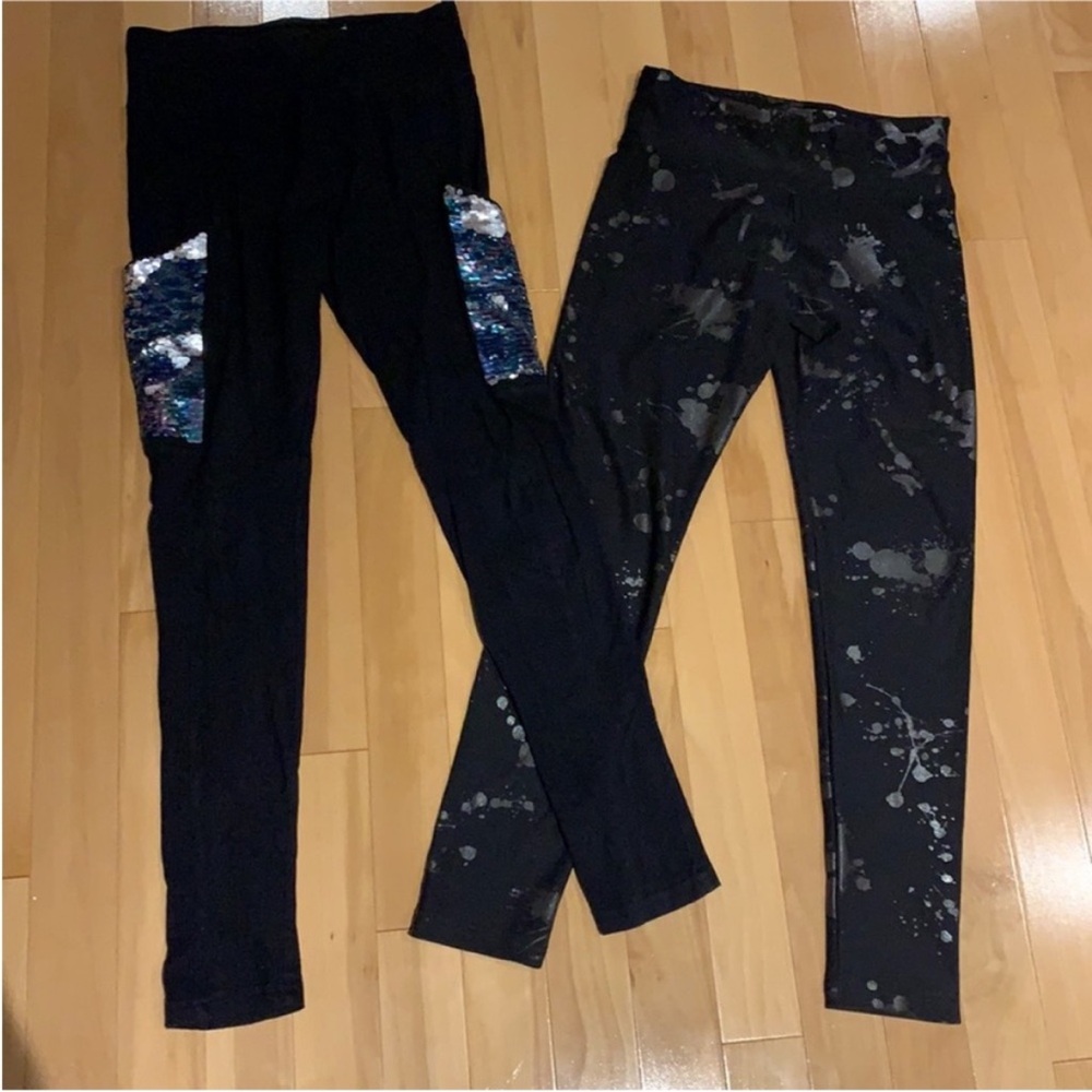 VGUC 2 Justice leggings(black flip sequins pockets & black/silver splatter)-sz14